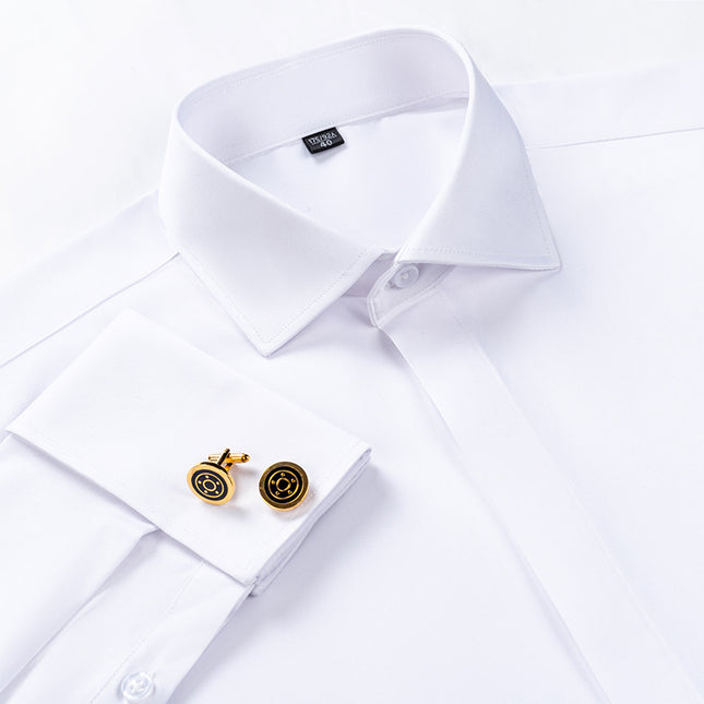 Men's French Cufflinks Shirt Men's Long-sleeved Windsor Collar Buckle Bamboo Fiber Double Stacked Sleeve Business Dress White Shirt