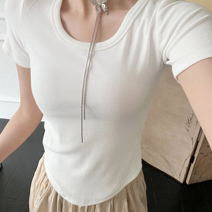 2025 New Summer U-Neck Right Shoulder T-Shirt Slim Design Niche Short-Sleeved Sexy Small Top for Women Export