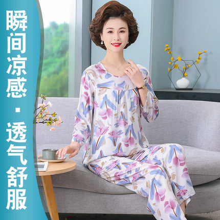 Women's Pajamas 2026 New Spring and Summer Cotton Silk Pullover Long-Sleeve Cool Thin Round-Neck for Middle-Aged and Elderly Mothers