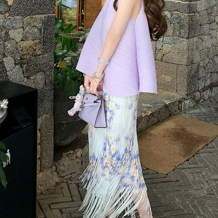 Miyake Summer Women's suit High-end Style with a Set of Tassel Pleated Skirt Sleeveless T-shirt Two-piece Set for Women