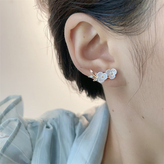 S925 Silver Needle Earrings Super Fairy Shell Camellia Earrings Accessible Luxury High-End Exquisite Flower Branches Sweet Earrings