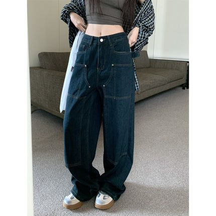 American Style Retro Open Line Color Contrast Large Pocket Loose Wide Leg Denim Pants