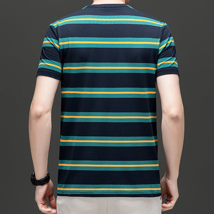 Mingdi Mouse Men's Summer New Casual Short-sleeved Crewneck Pullover T-shirt Business Striped Plus Size Men's T-shirt