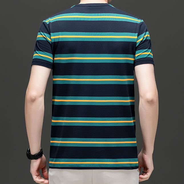 Mingdi Mouse Men's Summer New Casual Short-sleeved Crewneck Pullover T-shirt Business Striped Plus Size Men's T-shirt
