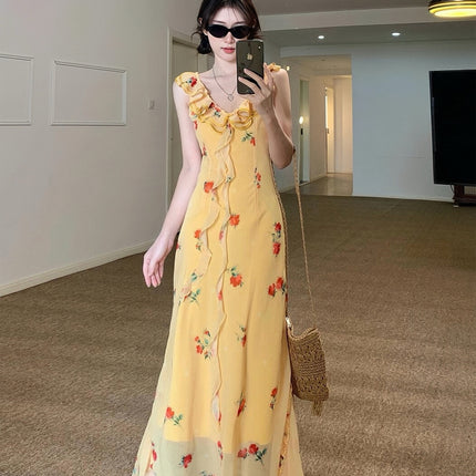 Summer French Style Dopamine Sweet Dress Dusk Rose Lace Yellow Floral Sling dress Fishtail Long Dress