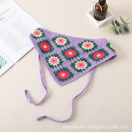Hot Girl Internet Celebrant Photo Flower French Style Triangle Scarf Headscarf Women's Cute Knitted Hair Band Silk Scarf High-grade Headwear Summer