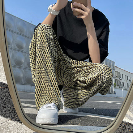 Fairy plaid pants men's high street ins fashion brand fried street ruffle handsome ice silk wide-leg pants men's summer thin draping mop pants