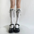 [calf socks] white with black ribbon / One size fits all [length can be adjusted, stacked or straightened]