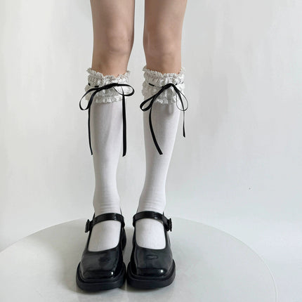 Pure Cotton Lolita Wide Lace Ribbon Gentle Town Sweet Pure Desire Women's Spring Bow Mid-Calf Socks Lolita Socks