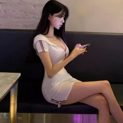 2024 Spice Girls Summer New Sexy Figure Hooded Tight Low-cut V-neck Hip Short-sleeved dress Women