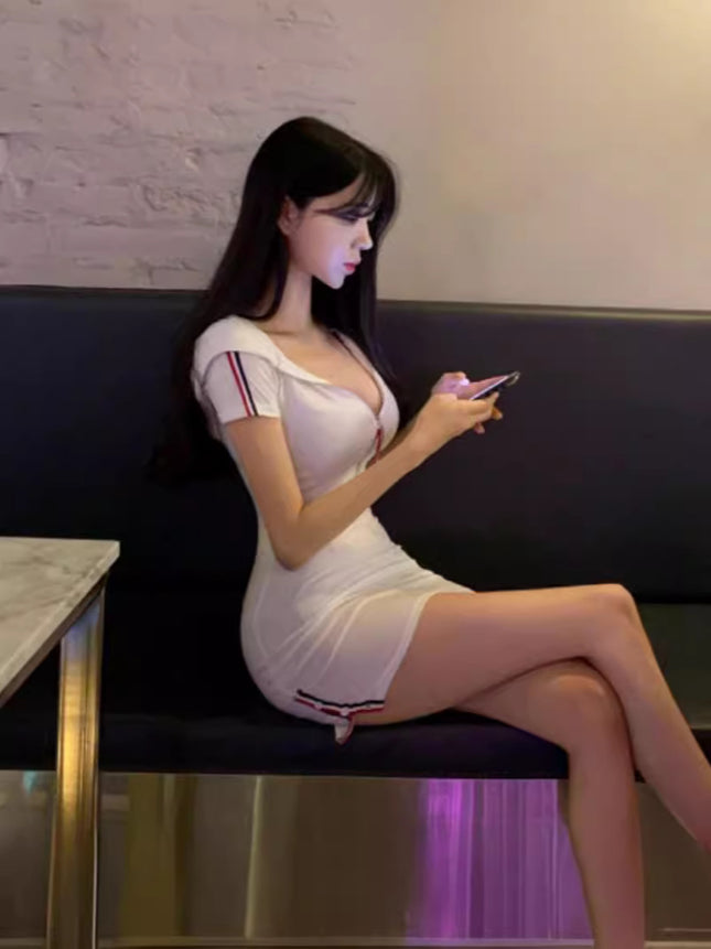 2024 Spice Girls Summer New Sexy Figure Hooded Tight Low-cut V-neck Hip Short-sleeved dress Women
