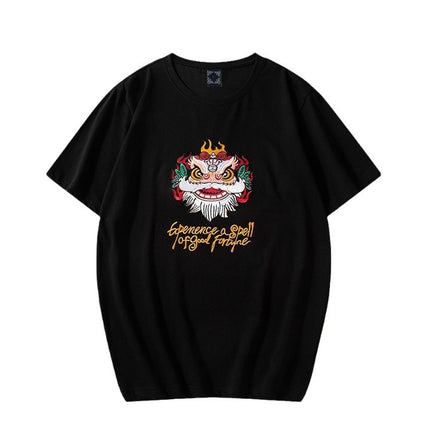 Men's Short-sleeved Cotton T-shirt for Dash Lion Embroidered 2024 New Summer National Fashion Chinese Style Large Size Round Neck Loose Couple Wear