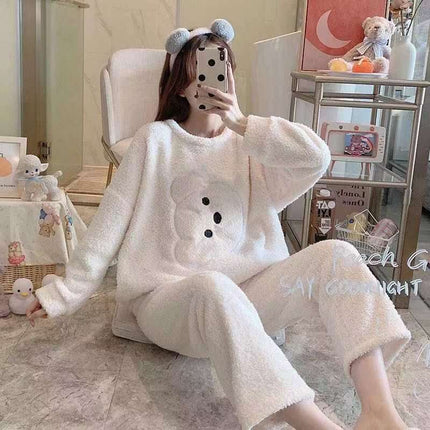 2024 New Autumn and Winter Coral Velvet Cartoon Stripesd Women's Pajamas Thickeneded and Wearable Home Wear Set