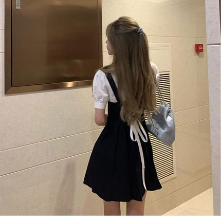 French Design Sense suit 2024 New College Style Women's Wear Spring Black Strap Sweet and Spicy dress Summer