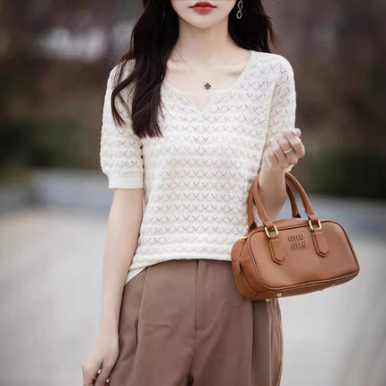 Pure Cotton Knitted Short-Sleeved Women's Spring and Summer New Elegant Half-Sleeved Cut Out Loose Fashion Pure Color T-Shirt Top
