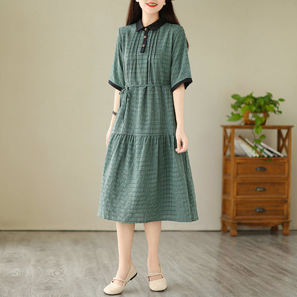 Real shot 2024 Summer new celebrity light luxury plaid mid-length waist slimming doll collar plaid dress women