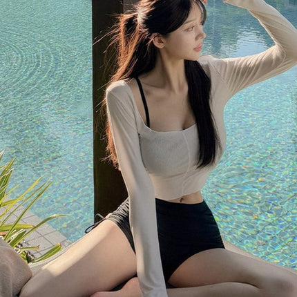 Korean Ins Sexy Hot Girl Internet Celebrity Push-Up High-Waist Slim Long-Sleeved Suspender Split Swimsuit Hot Spring Three-Piece Set for Women
