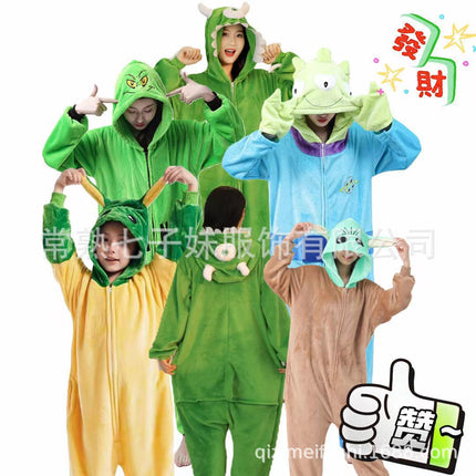 Wholesale new autumn and winter green hair strange flannel cartoon animal conjoined pajamas parent-child performance home clothes mixed batch