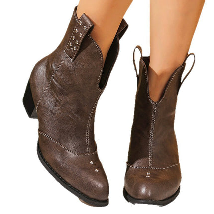 Mid-Calf Boots for Women 2025 Autumn and Winter New European and American Export Large Size Fashionable Comfortable Chunky Heel Pointed Toe Slip-On Studded Leather Boots