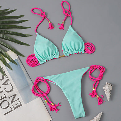 European and American 2025 Spot New Fashion Split Pure Color Bikini Bikini Swimsuit Sexy Lace-Up Halter Swimsuit