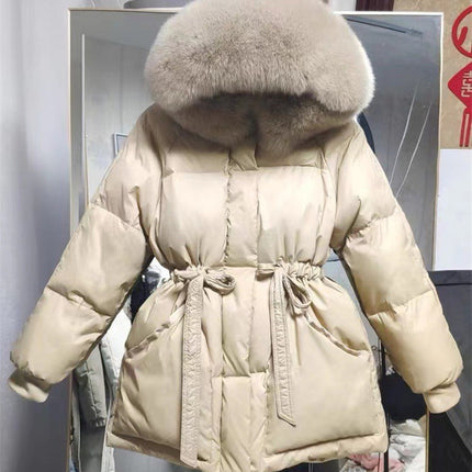 Dongdaemun White Duck down Jacket Women's 2023 Winter New Drawstring Waist Real Fox Fur Collar down Jacket