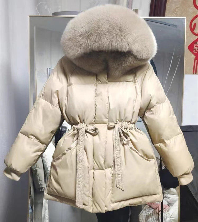 Dongdaemun White Duck down Jacket Women's 2023 Winter New Drawstring Waist Real Fox Fur Collar down Jacket