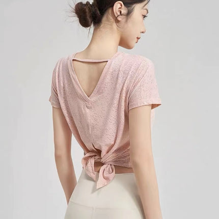 Lu Same Style Yoga Wear Women's Short-Sleeved T-Shirt Breathable Jacquard Slit Strap Elastic Fitness Top Sports Blouse