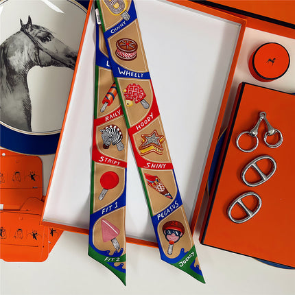 Summer New Decorative Ice Cream Women's Versatile Decorative Twill Silk Ribbon Wrapped Around the Bag Silk Scarf Small Scarf