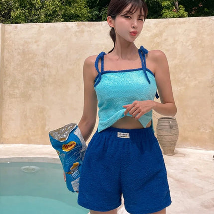 South Korea Foreign Trade Swimwear Towel Cloth Split Two-Piece Set Loose Belly-Covering Slimming Beach Holiday Swimwear Women's Wholesale
