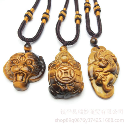 Couple's Pixiu Pendant Tiger Eye Stone Guanyin Buddha Guan Gong Ping An Buckle Pendant Yellow Tiger Eye Stone Pendant Supply Straight Hair