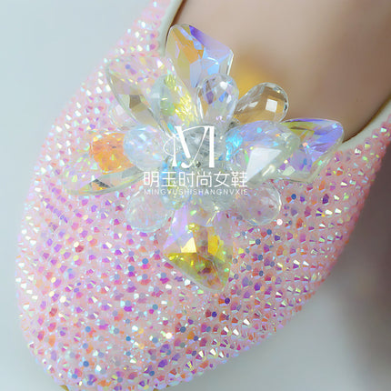 Flat Crystal Shoes with Round Toe, Handmade Pink Jelly Diamond Glass Flower Design, Casual Shopping Wedding Shoes, Women's Single Shoes