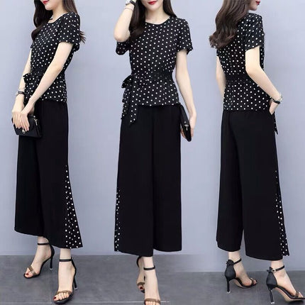 One-piece/Set Large Size Stylized Age-reducing Belly-covering Top Women's Polka Dot Short-sleeved Korean Style Wide-leg Pants Two-piece Set Fashionable