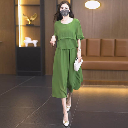 plus size Women's 2024 Summer New Fashion Celebrity Style Elegant Loose Slimming Green Round Neck dress