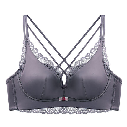 New hollow-out breast shaping with satin underwear thickened steamed bread cup small chest push up sexy cross back bra foreign trade