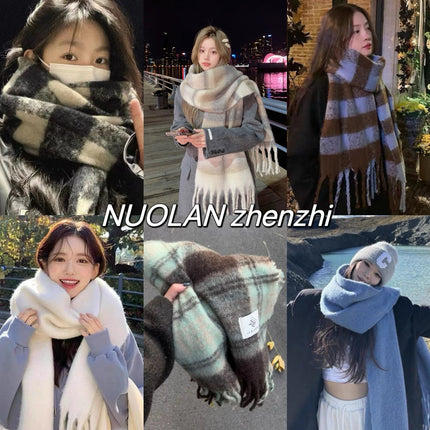 New Maillard Cashmere Plaid Scarf Women's Autumn and Winter Thickened Warm Shawl Dual-purpose Solid Color Student Scarf