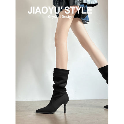 Thin Heel Pleated Pile Boots 2025 Autumn and Winter New Pointed Toe High Heel Mid-Calf Slim Boots for Women European and American Style Versatile Short Boots
