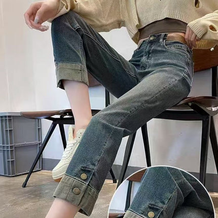 Black Smoke Tube Jeans Women's Trendy All-match New High Waist Slimming Slim-fit Cropped Stitching Narrow Straight Trousers