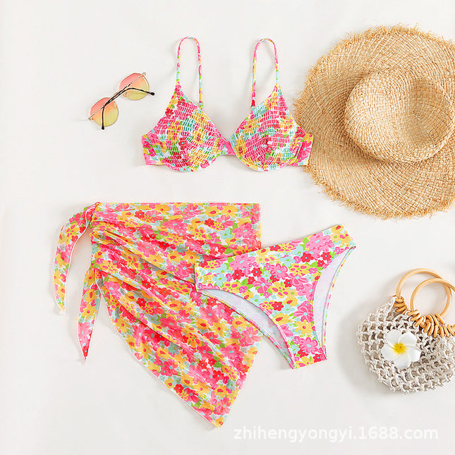 Floral Fresh Color Printed Pleated Bikini Steel Brackets Small Chest Gathering Hot Spring Seaside Holiday Swimsuit Women