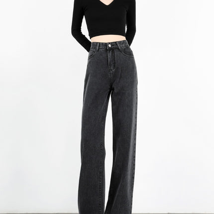 Smoke Gray Wide-Leg Jeans for Women 2024 Autum New Popular High-Waist Draped Straight-Leg Loose Floor-Length Pants