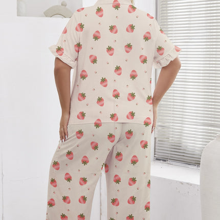 Cross-border Foreign Trade Special for Women's Pajamas Spring and Summer Fresh Strawberry Printed Lapel Two-piece Suit Casual Loose Home