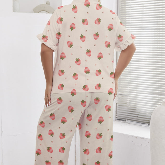 Cross-border Foreign Trade Special for Women's Pajamas Spring and Summer Fresh Strawberry Printed Lapel Two-piece Suit Casual Loose Home