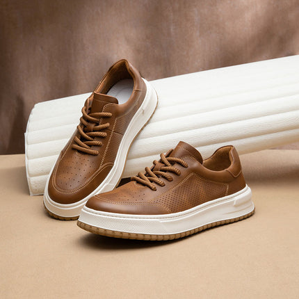 New White Shoes Men's Shoes Fashionable Casual Leather Breathable Hollow-out Low-top Shoes All-match Lightweight Board Shoes with Elevated Thick Sole