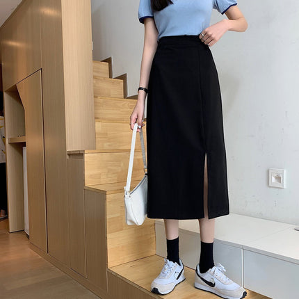 Early autumn versatile split Korean style high-end 20 women's clothing sense 23 mid-length hip skirt high waist slimming A- line skirt