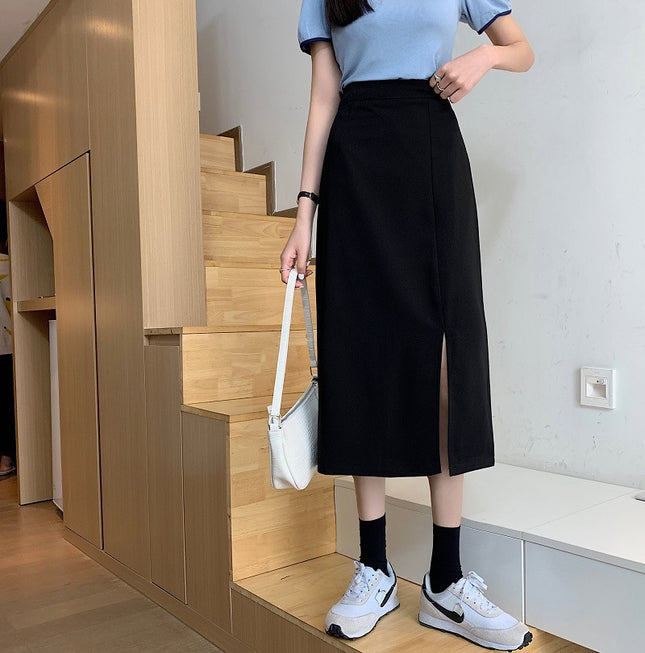 Early autumn versatile split Korean style high-end 20 women's clothing sense 23 mid-length hip skirt high waist slimming A- line skirt