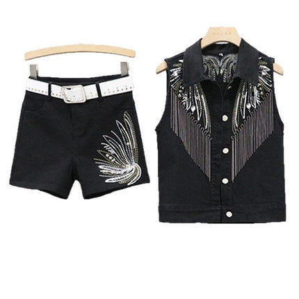 Denim Suit for Women 2025 New Heavy-Duty Rivet Tassel Sequin Slim Short Vest + Shorts Two-Piece Trendy Set