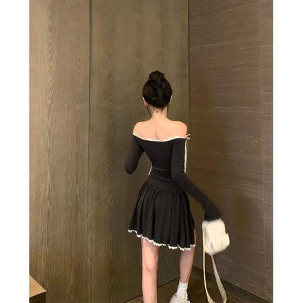 Ballet Style Sexy One-Shoulder Dress for Women Autum Bow Waist A-Line Skirt Elegant Short Skirt