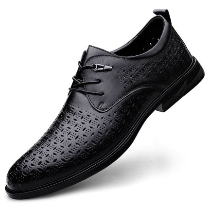 Summer men's first layer cowhide hollow leather shoes breathable round head new office casual men's holed thick-soled leather shoes