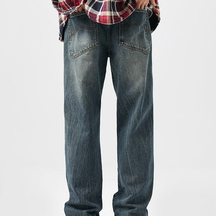 2025 Cross-Mirror Retro Washed Jeans Men's Trendy Brand Versatile Loose Draped Wide-Leg Straight Pants Autumn Style