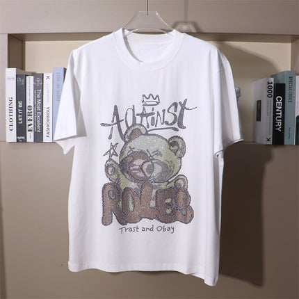 Punk Costume Cool Personality Heavy Trendy Brand Hot Drilling Panda Carto Bear Wide Short-sleeved T-shirt Fat Plus Size