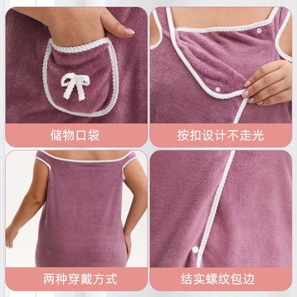 Cross-Border Large Size Coral Velvet Bath Skirt, Soft, Thickened and Absorbent, Cute Bow Pockets, Wearable Bath Towel Suspender Skirt